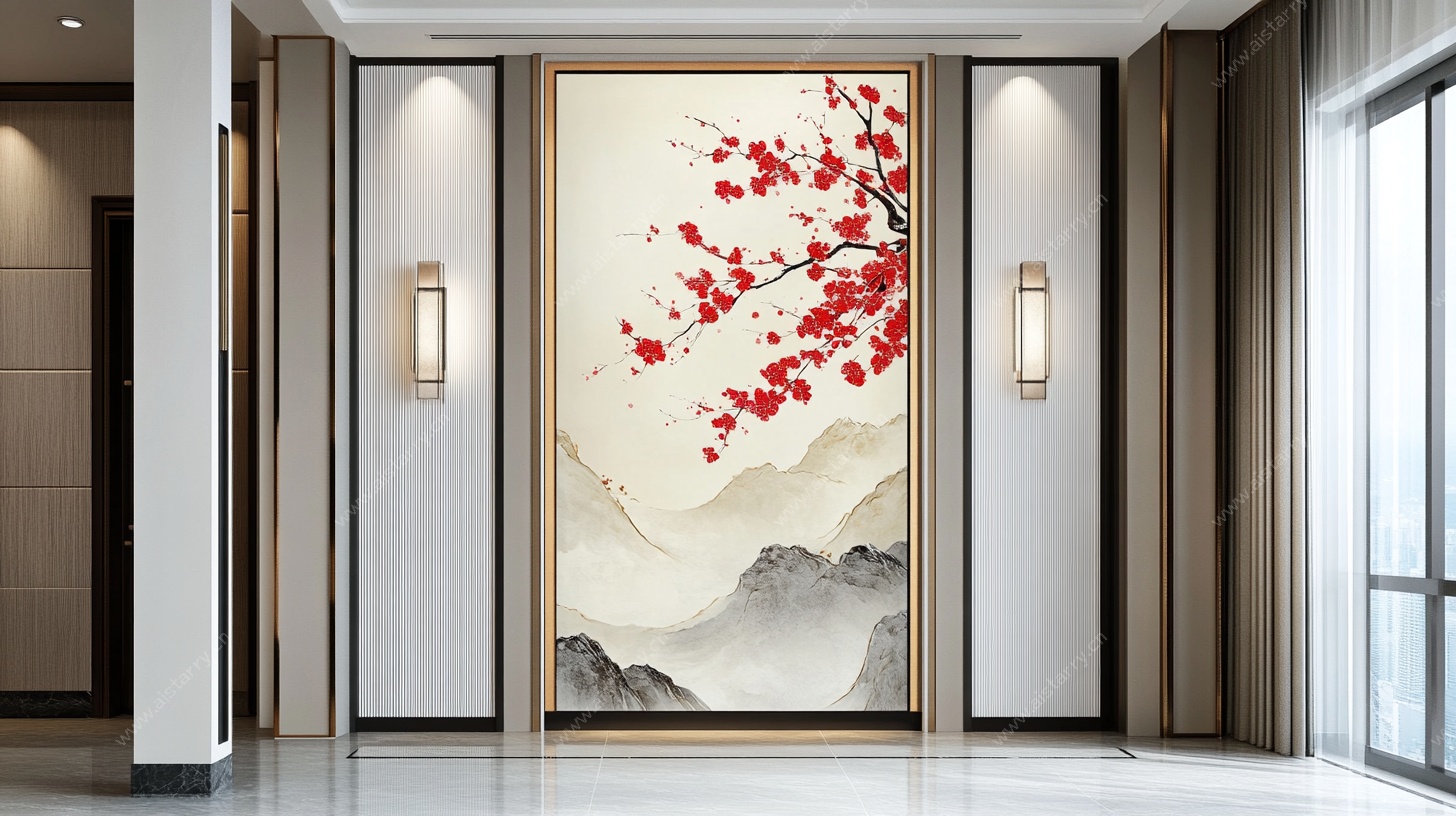 中式玄关红梅山水装饰画