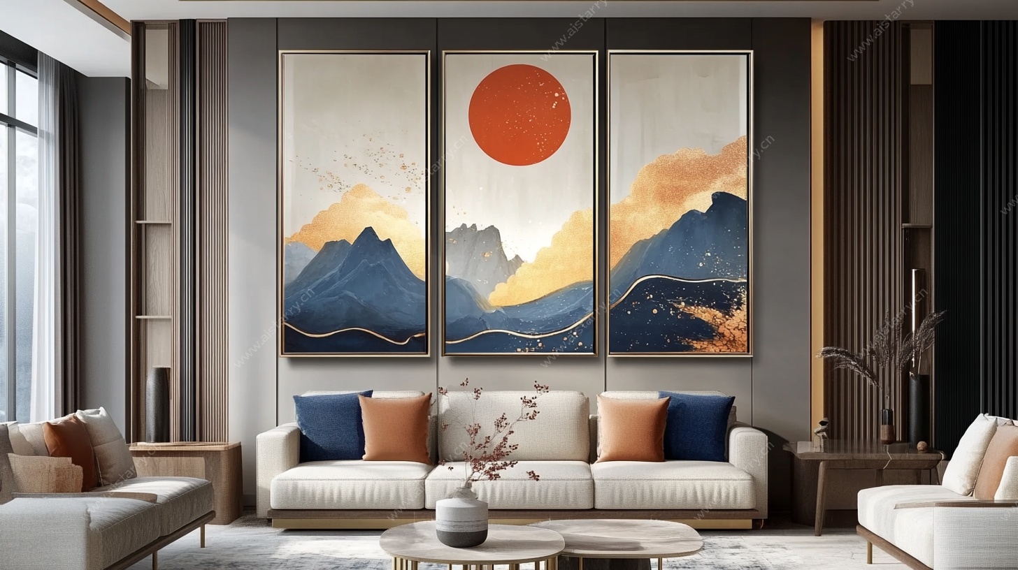 现代客厅的山水艺术挂画