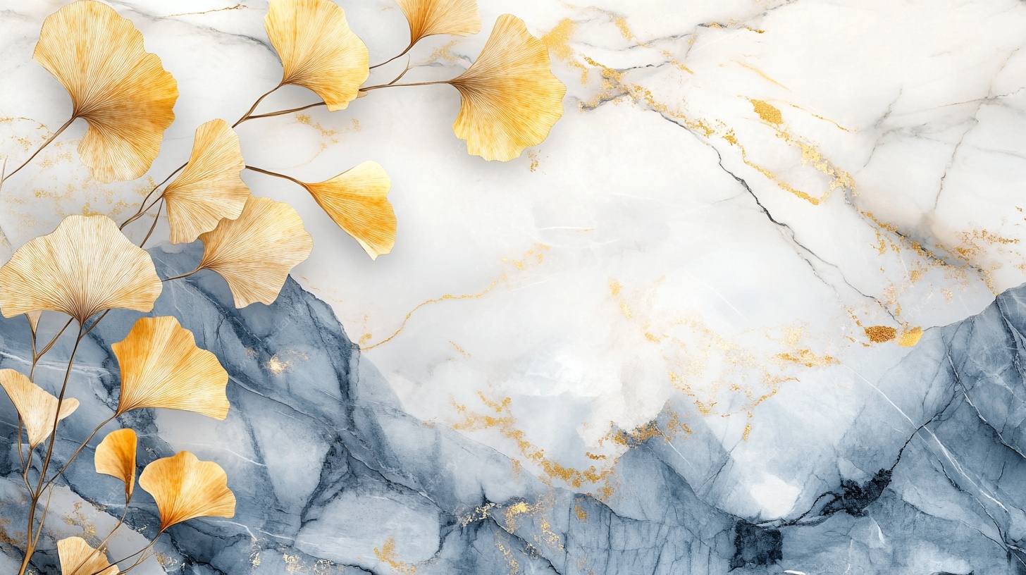 银杏叶与大理石纹理背景
