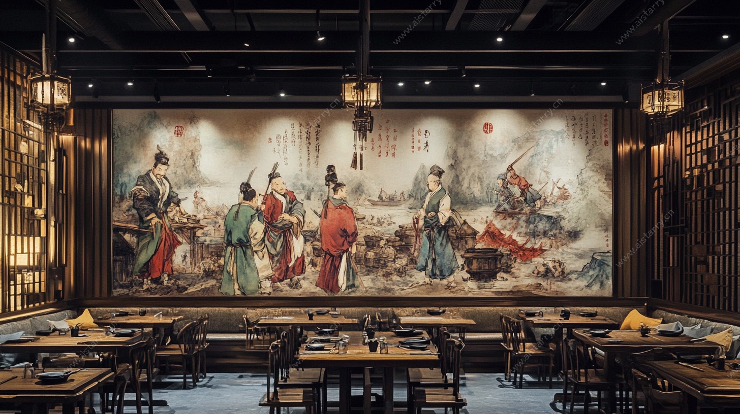 中式古风餐厅壁画场景