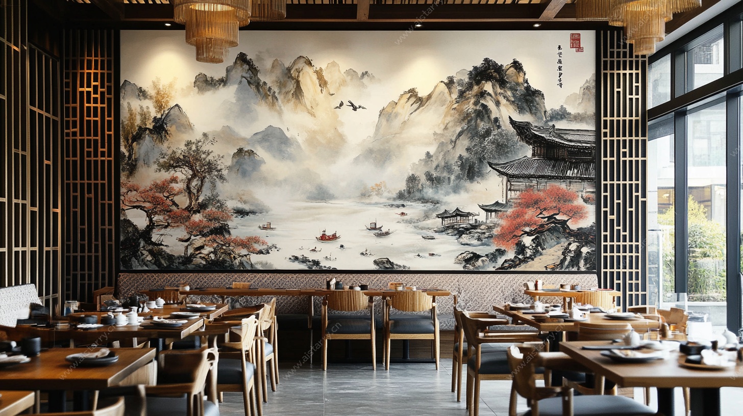 中式餐厅水墨山水装饰墙