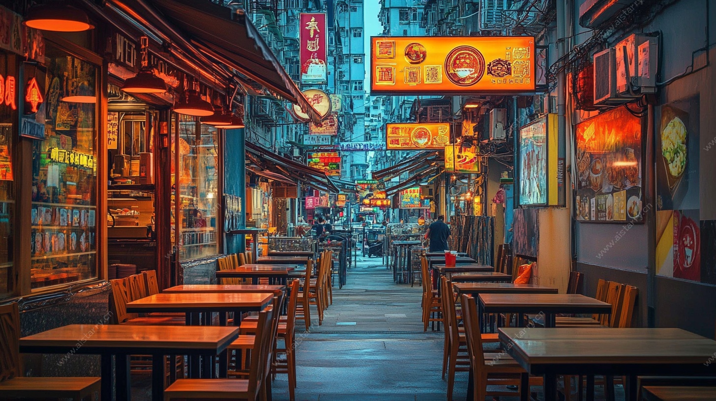 香港街头热闹的餐饮小巷