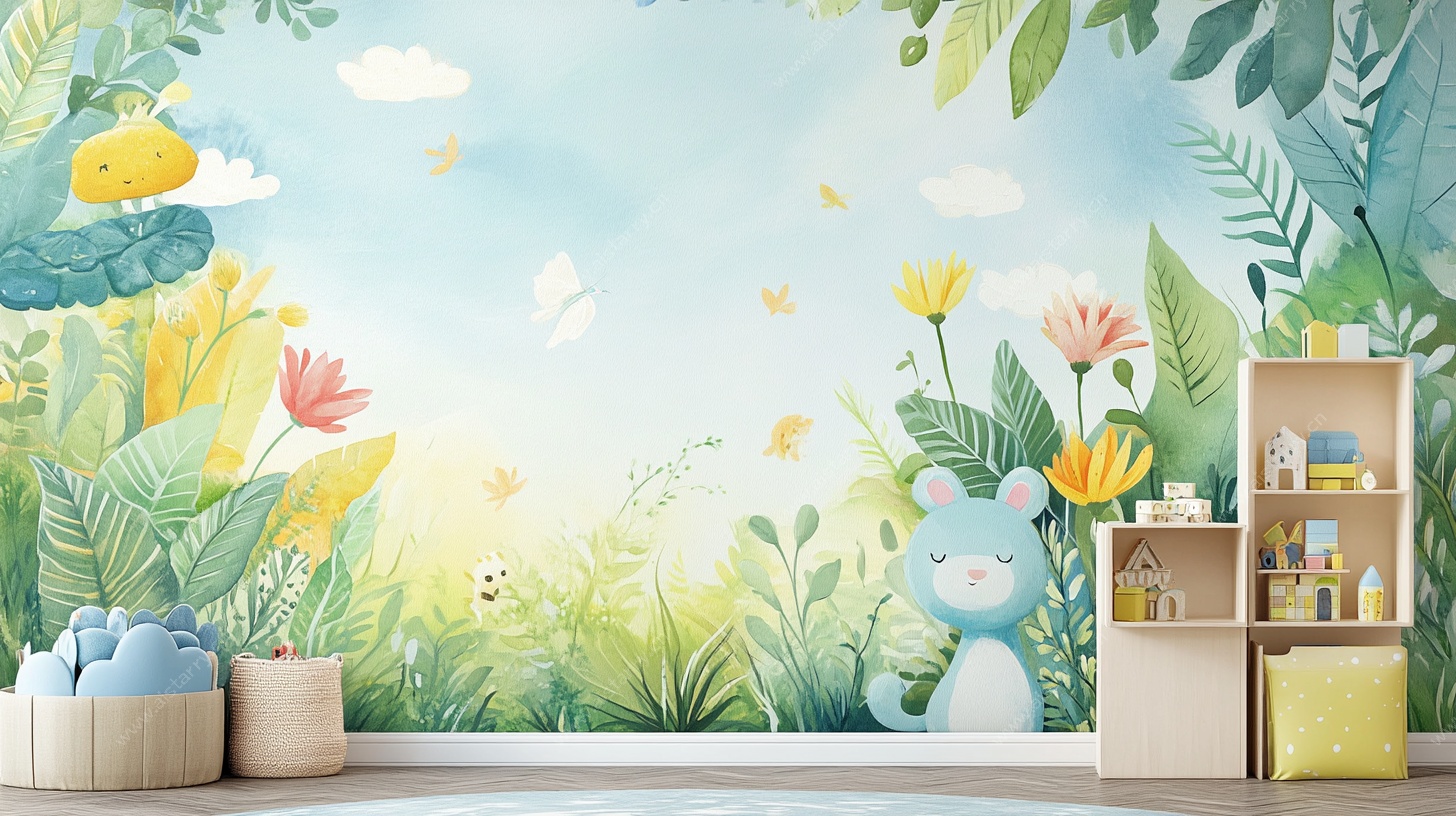 儿童房清新绿植卡通墙绘