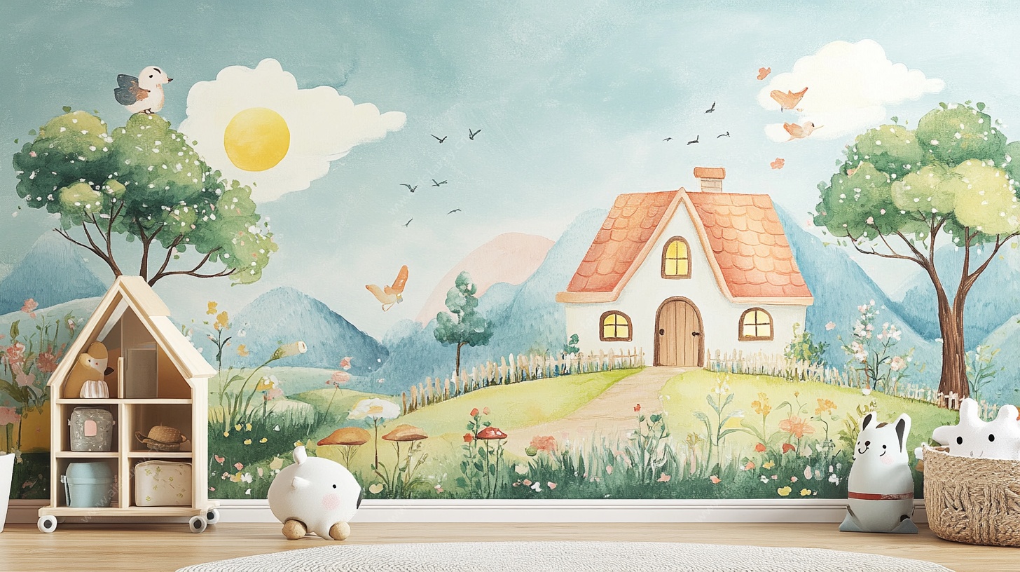 田园风儿童房墙绘插画