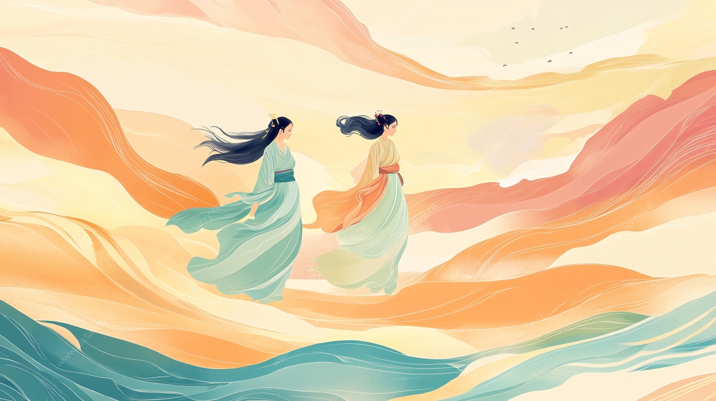 古风双姝漫步奇幻山水间