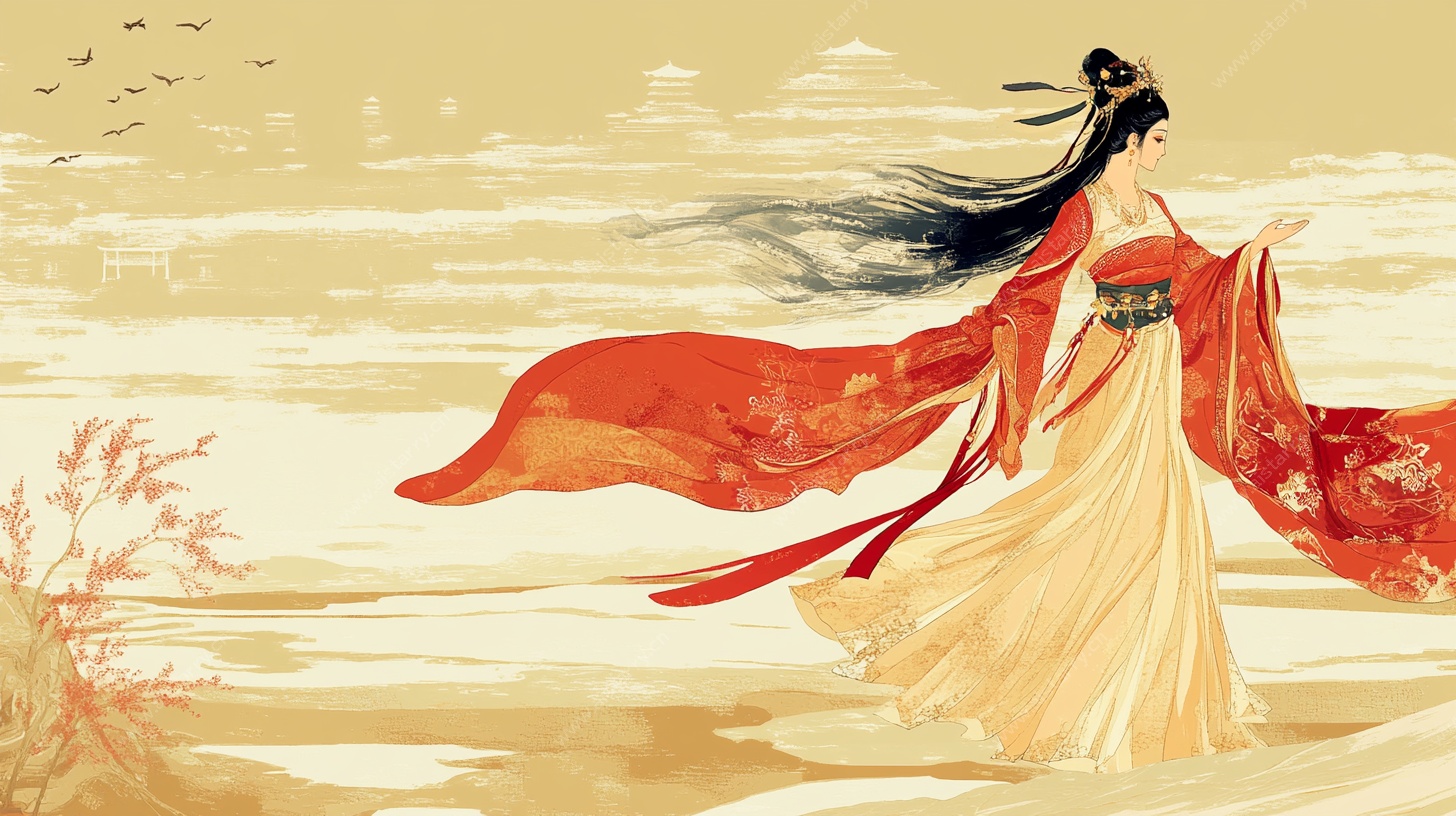 古风红衣女子踏浪而行