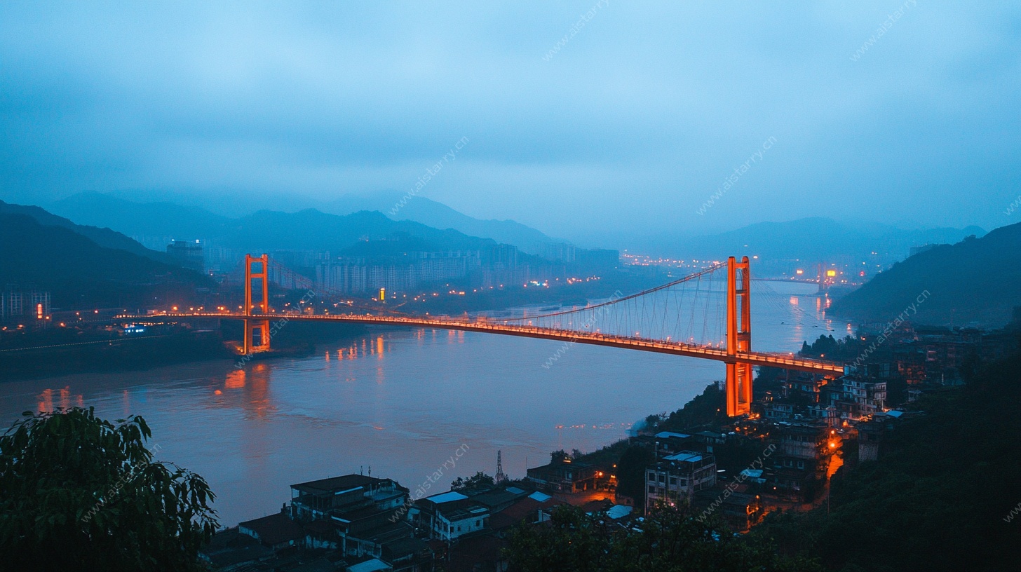 黄昏江畔悬索桥美丽景致