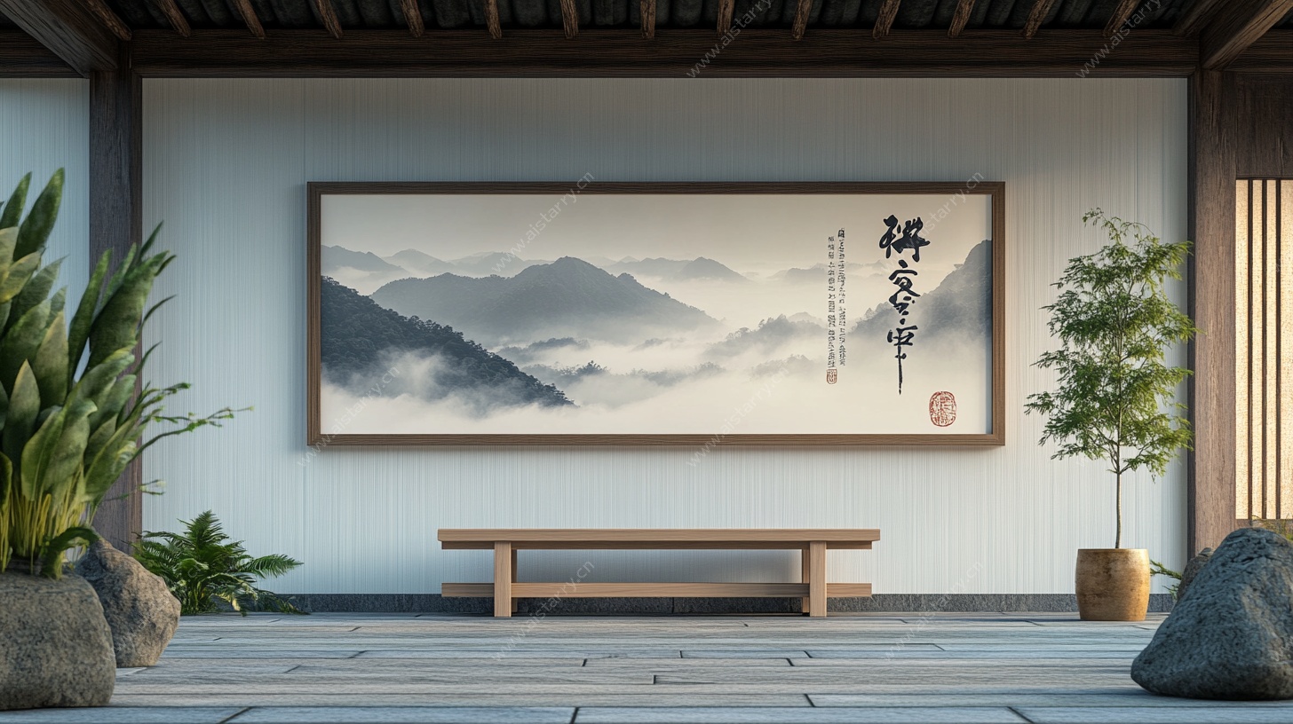 中式茶室山水挂画场景