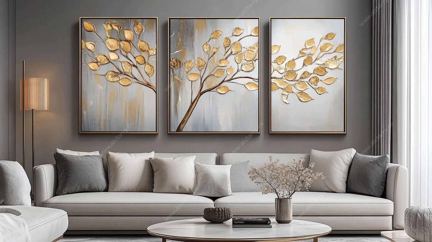 现代客厅三联金色树叶挂画