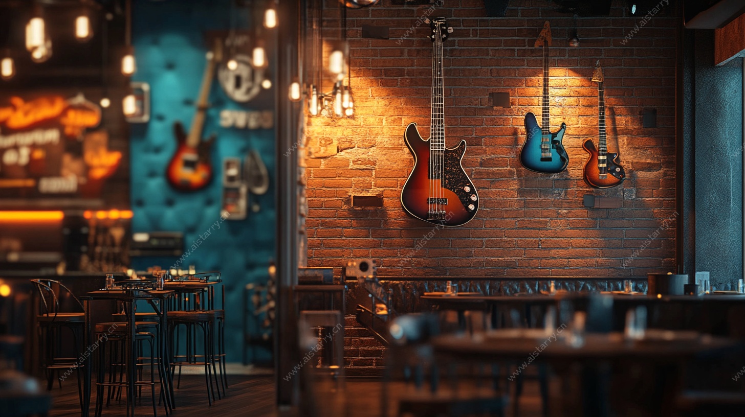 复古吉他装饰的音乐主题餐厅