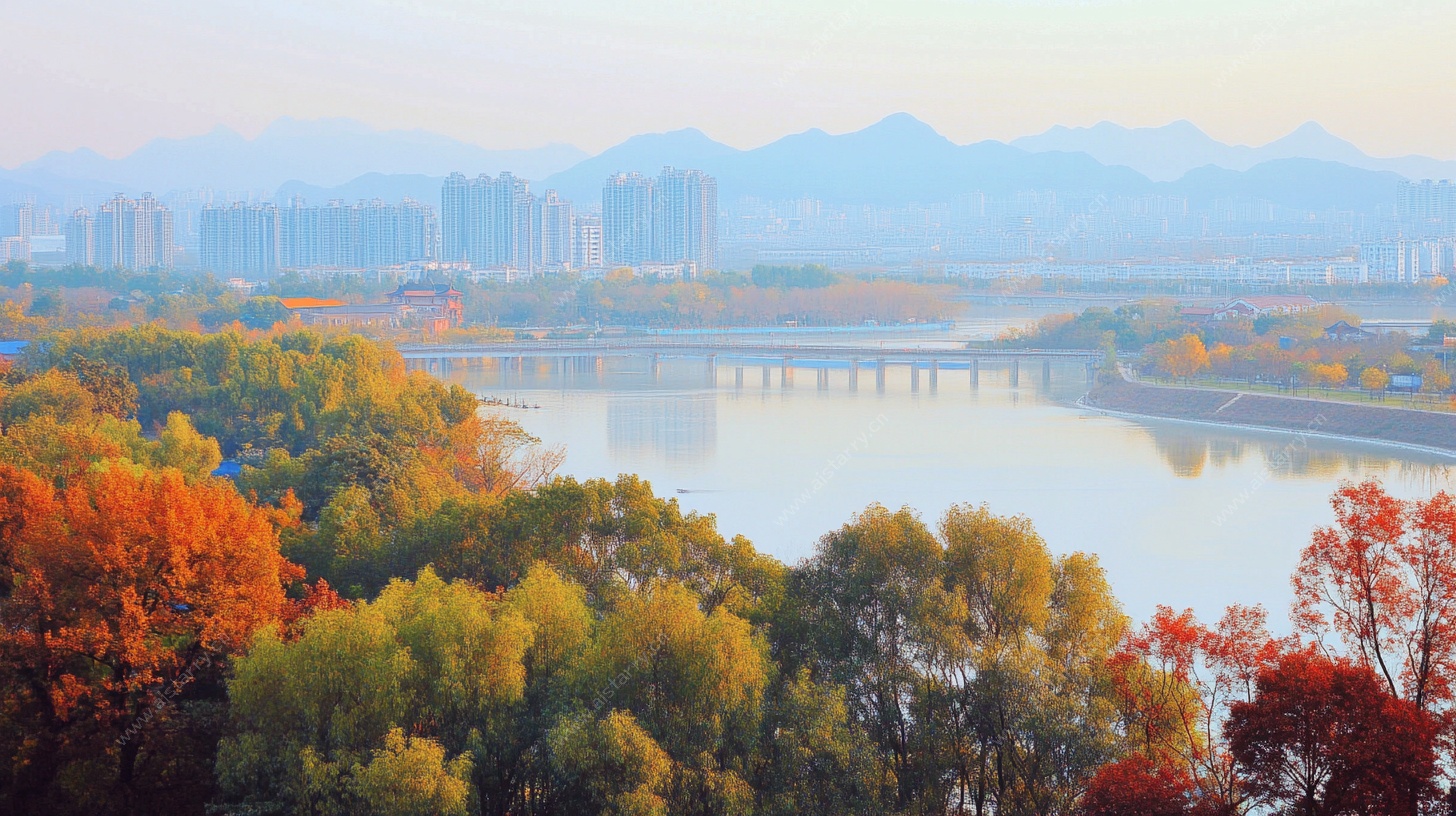 秋日河畔城市风光美景