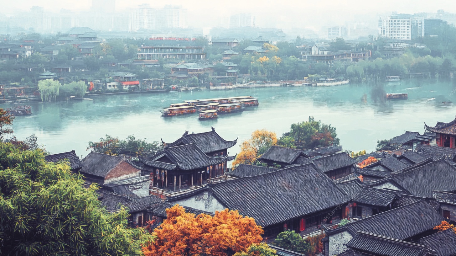 秋日河畔古风建筑群