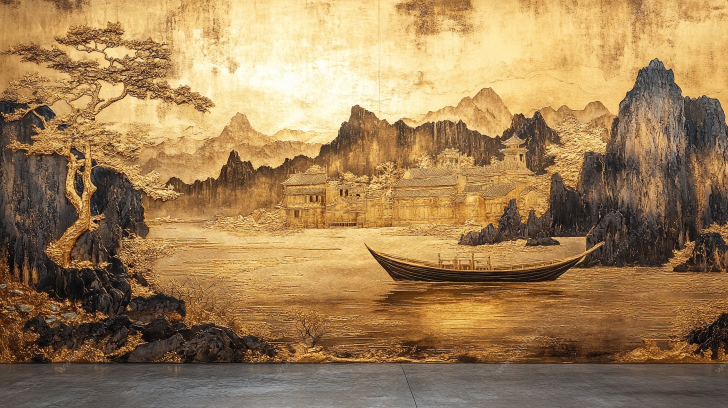中式山水壁画 孤舟意境