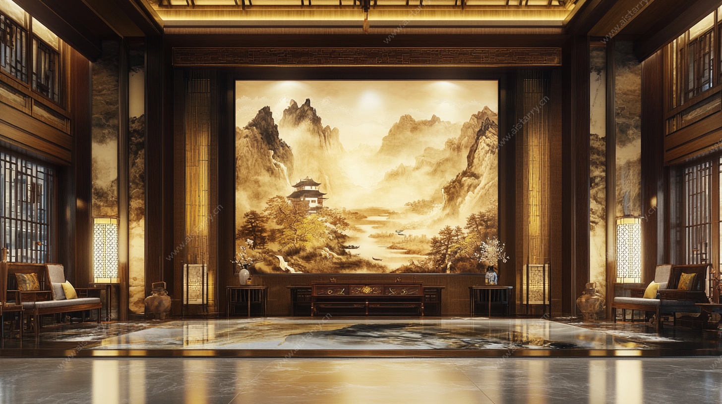 中式大厅山水壁画装饰
