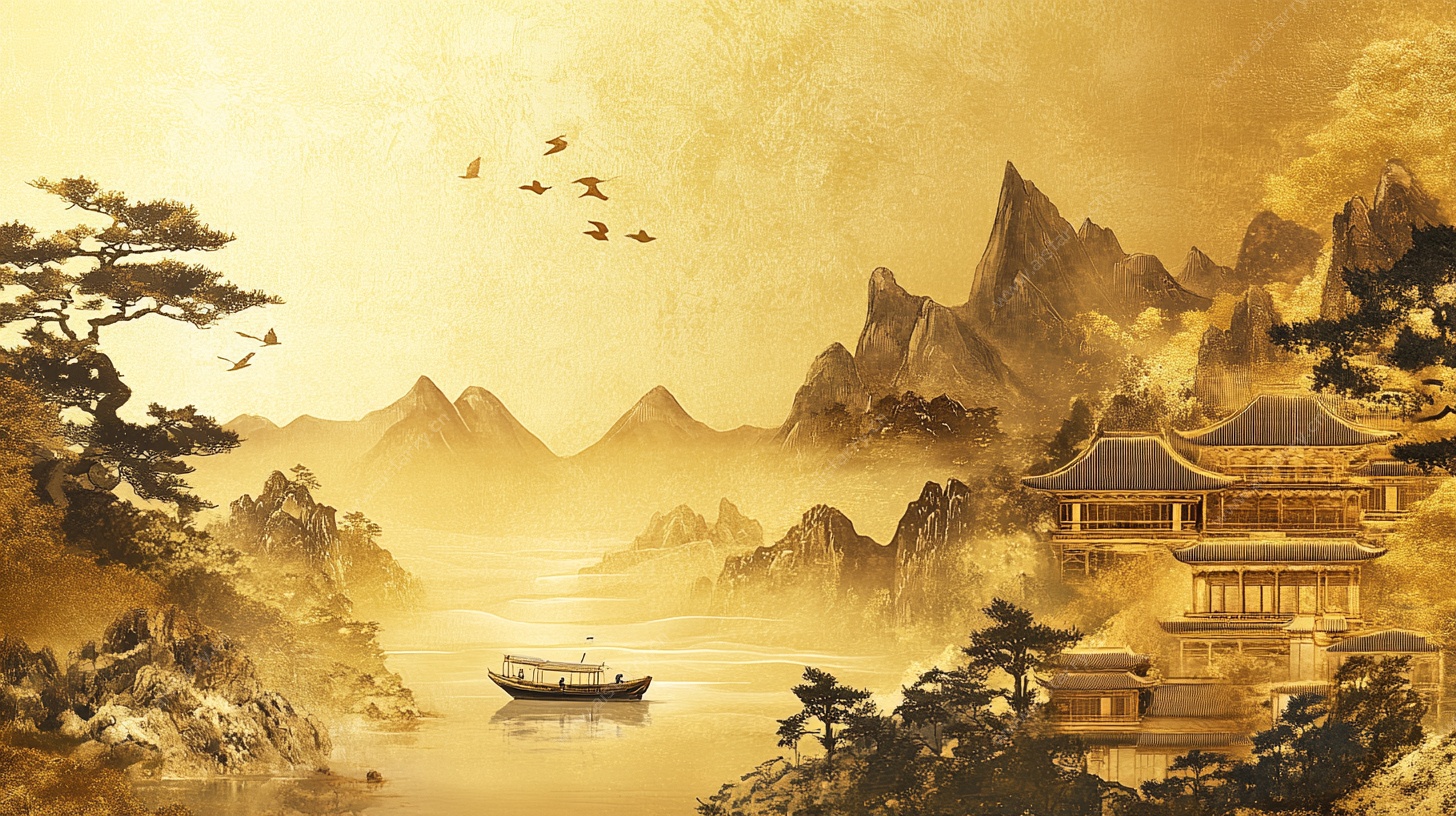 金色山水古风意境图