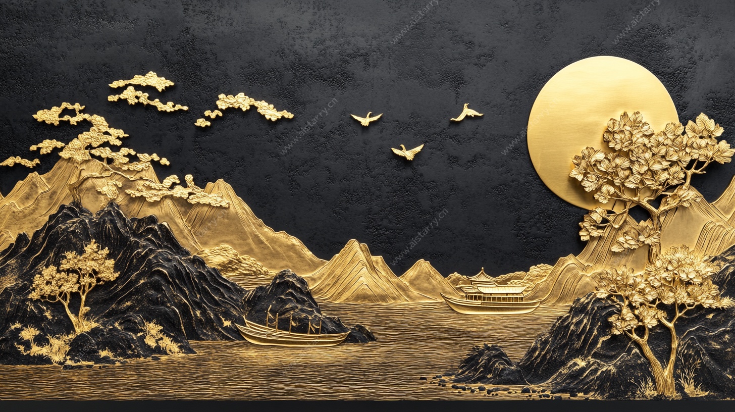 中式金墨山水壁画背景