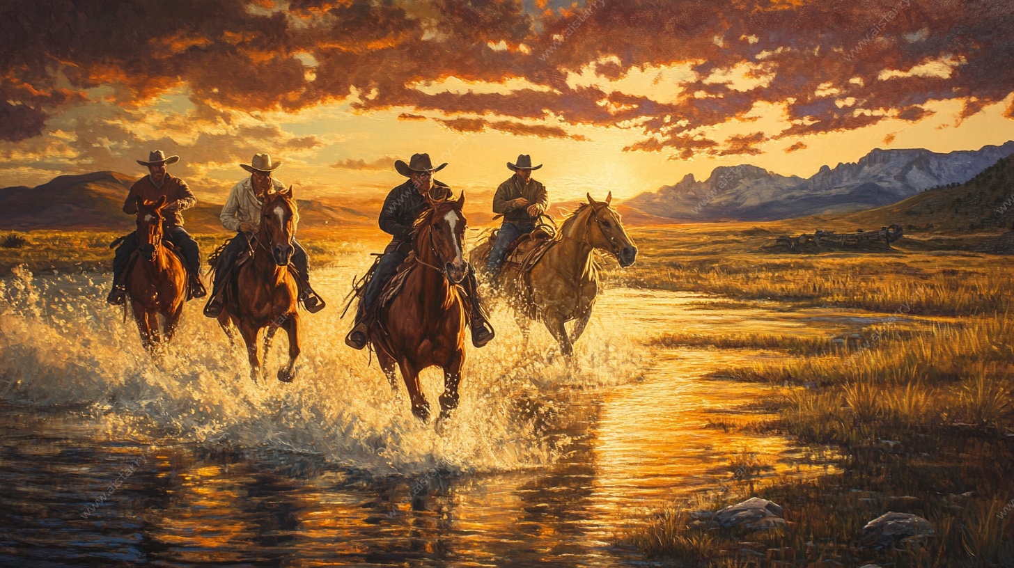 夕阳下牛仔策马奔腾