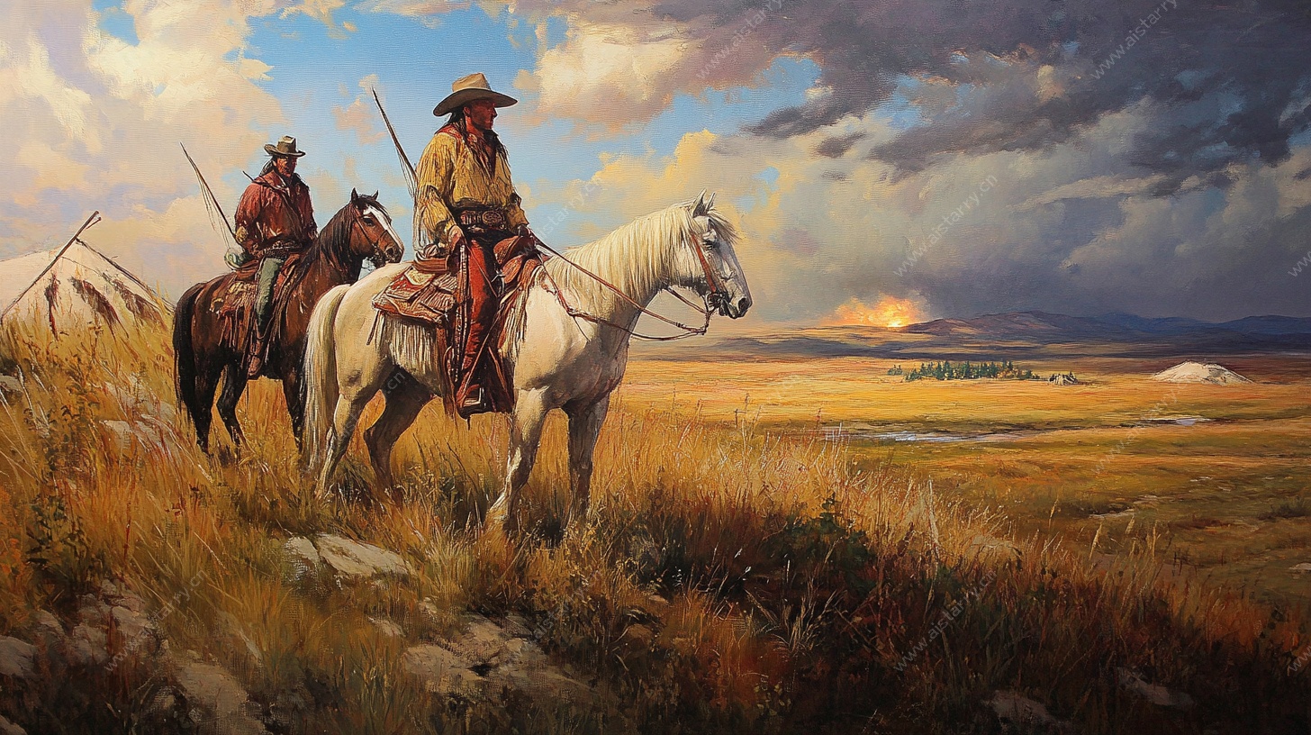 西部牛仔草原骑马景象