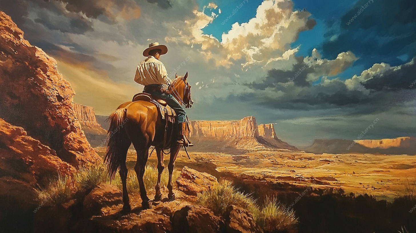 孤独牛仔骑马眺望荒原