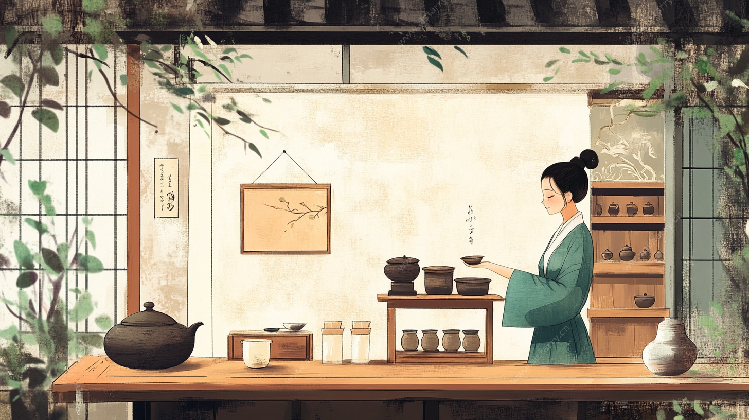 古风女子优雅室内烹茶图