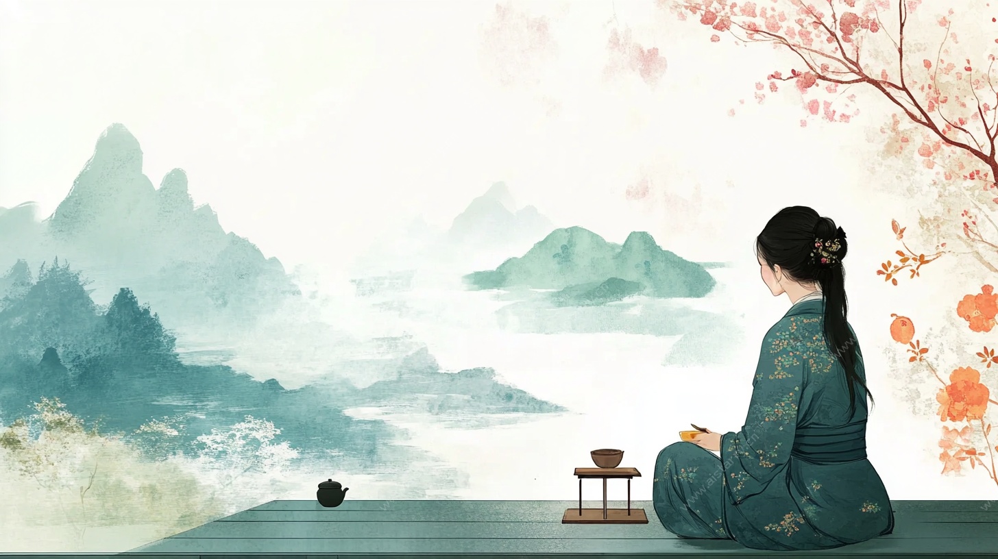 古风女子静赏山水美景