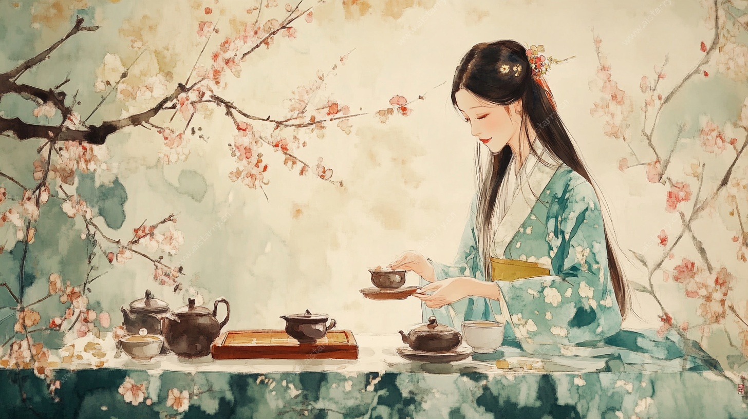 古风女子优雅品茶图