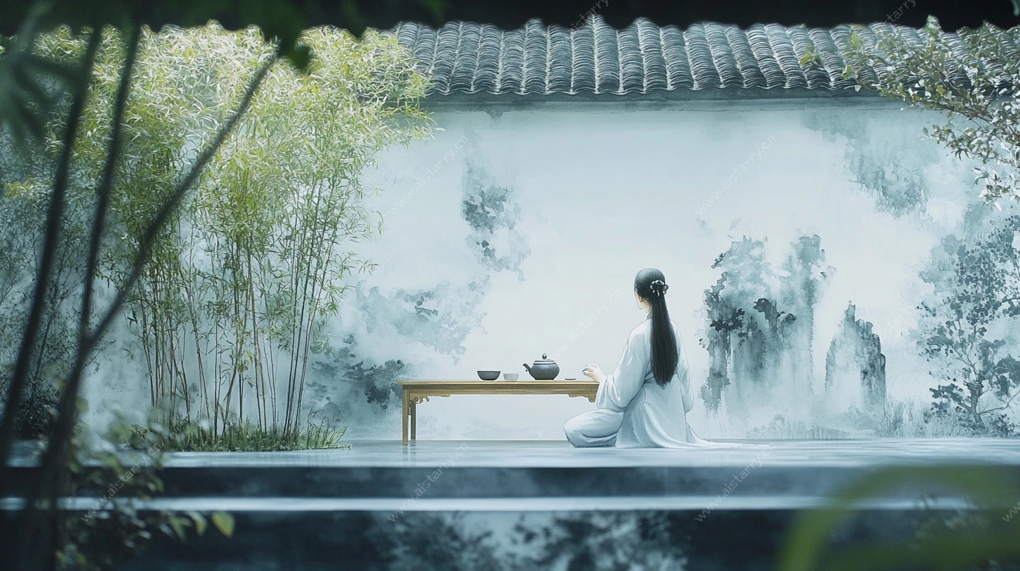 古风女子独坐品茶意境图