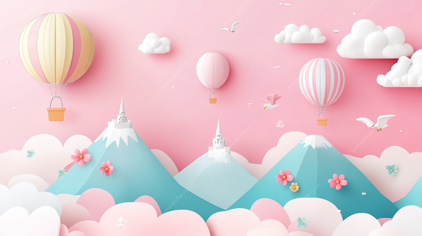 梦幻粉色热气球山川风景