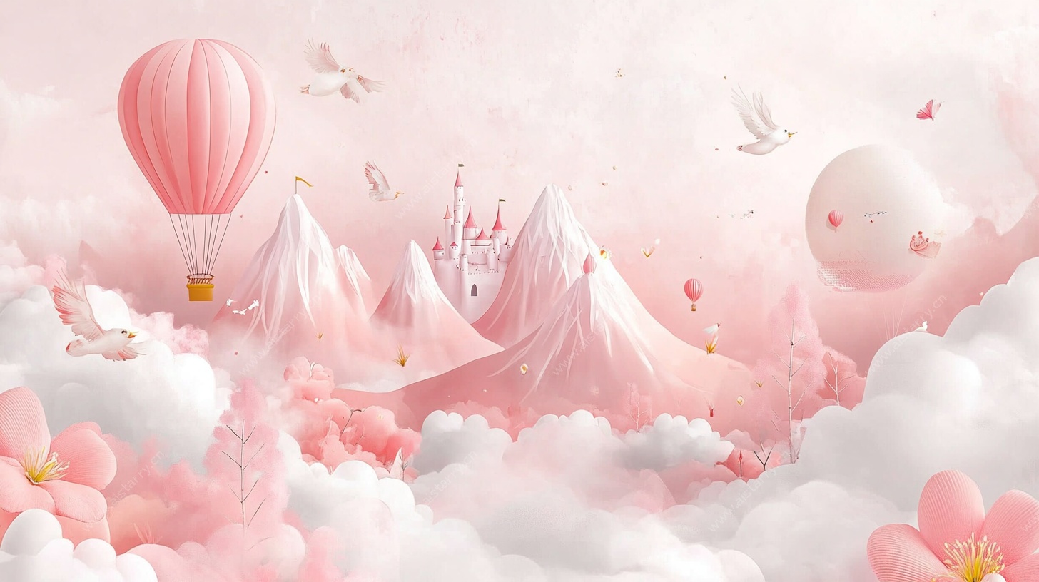 梦幻粉色云端热气球美景