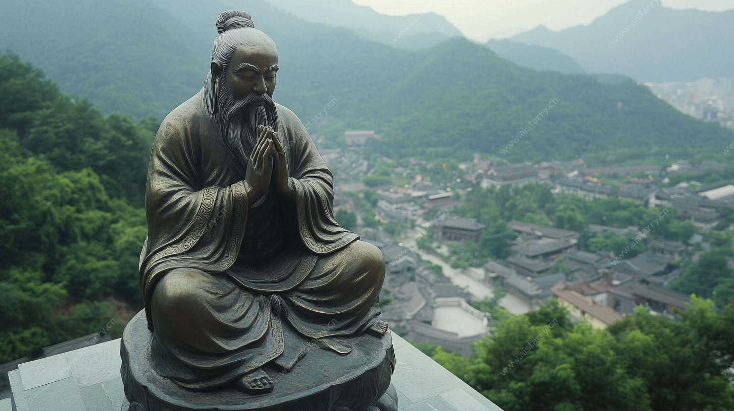 山中道家塑像俯瞰村落