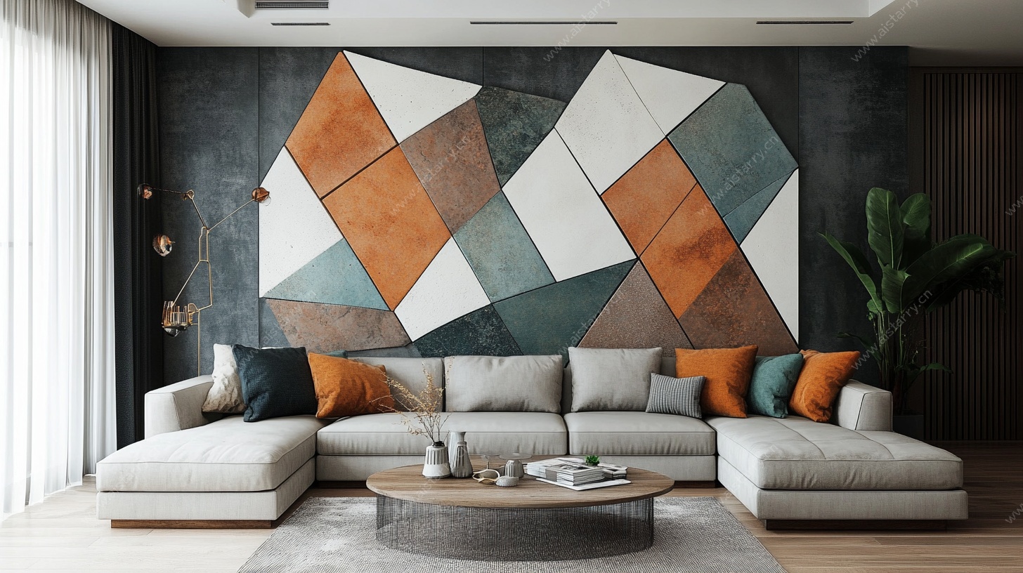 几何拼接墙的现代客厅
