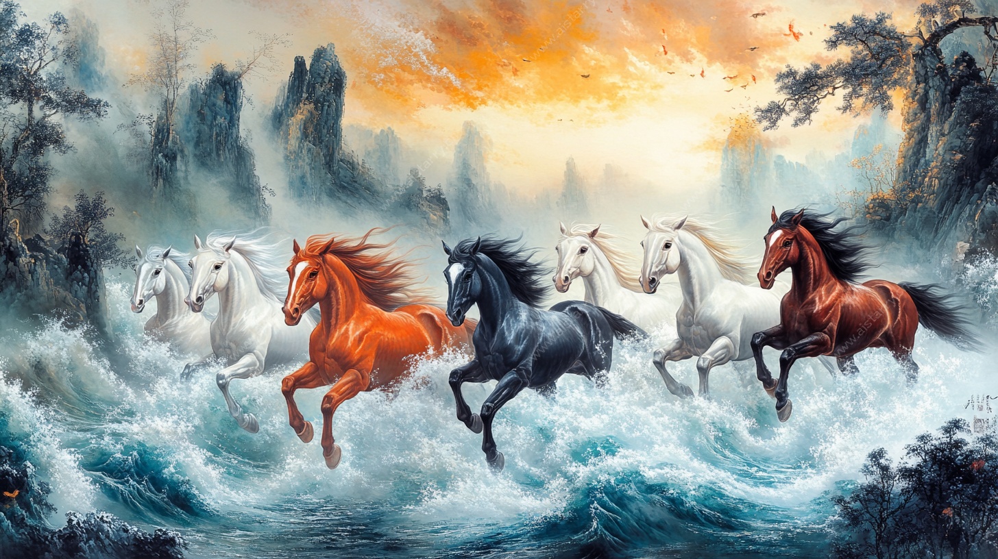 八骏奔腾于山水之间