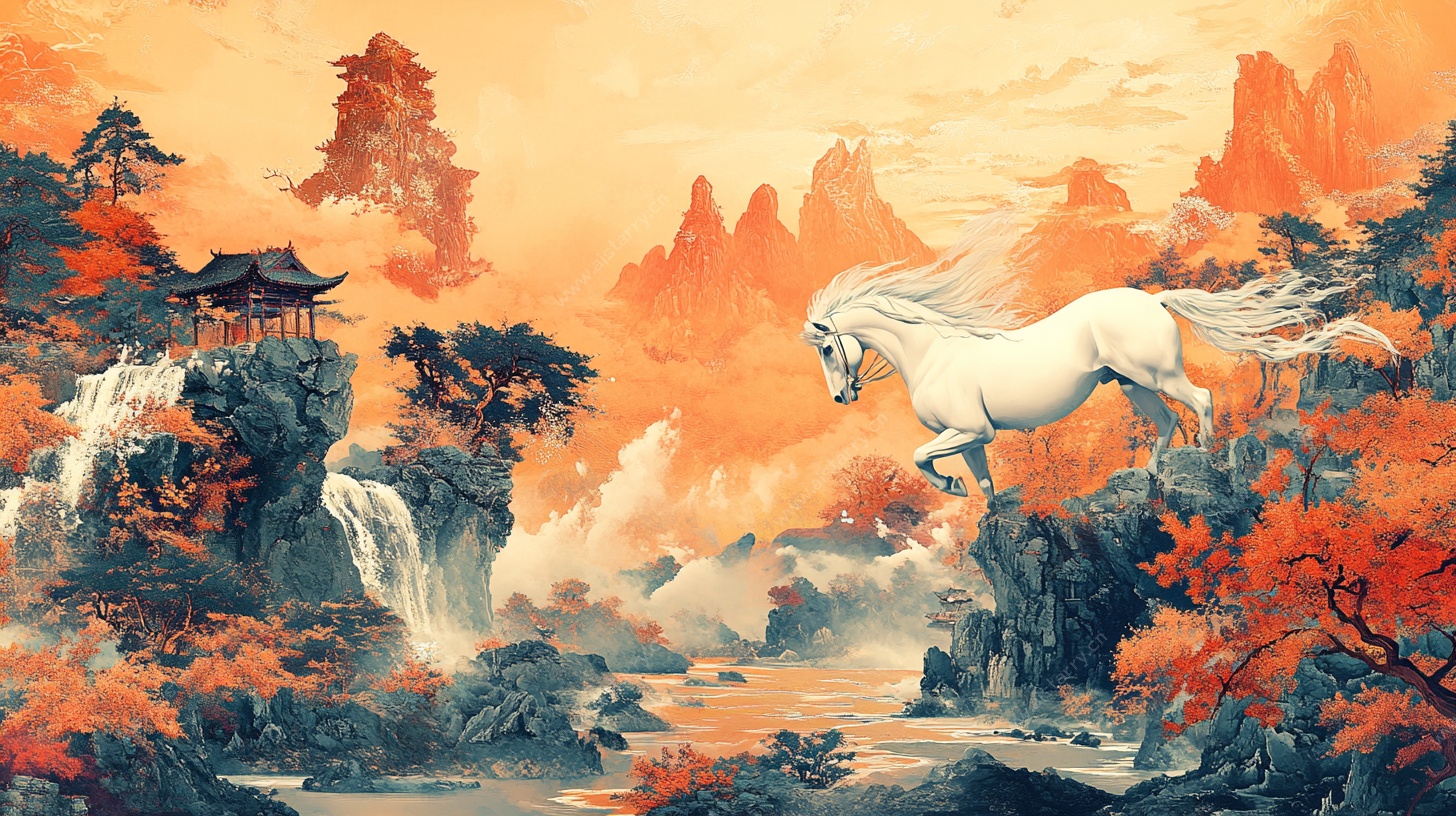 白马跃于山水间国画