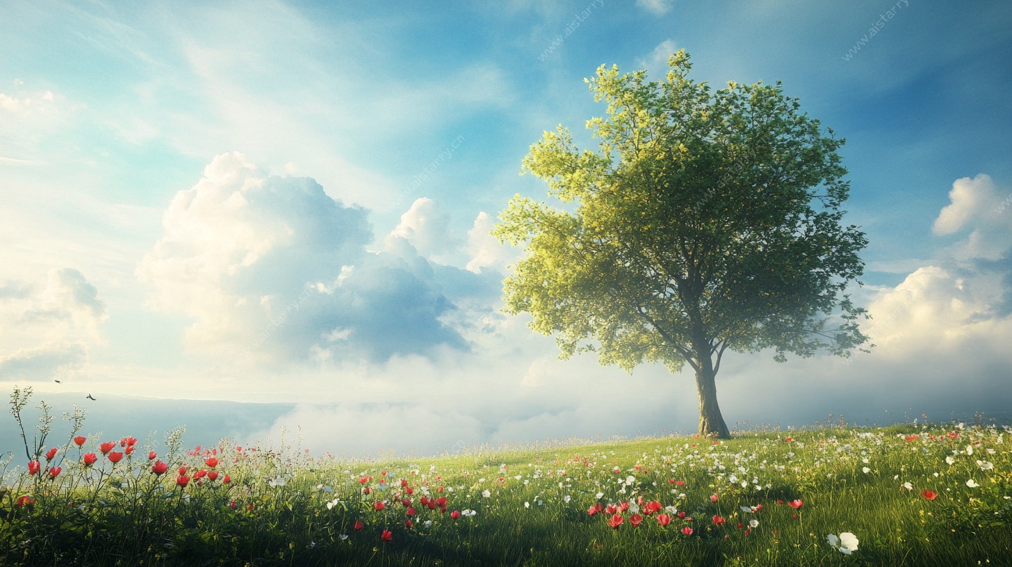 田野中的孤独绿树与繁花