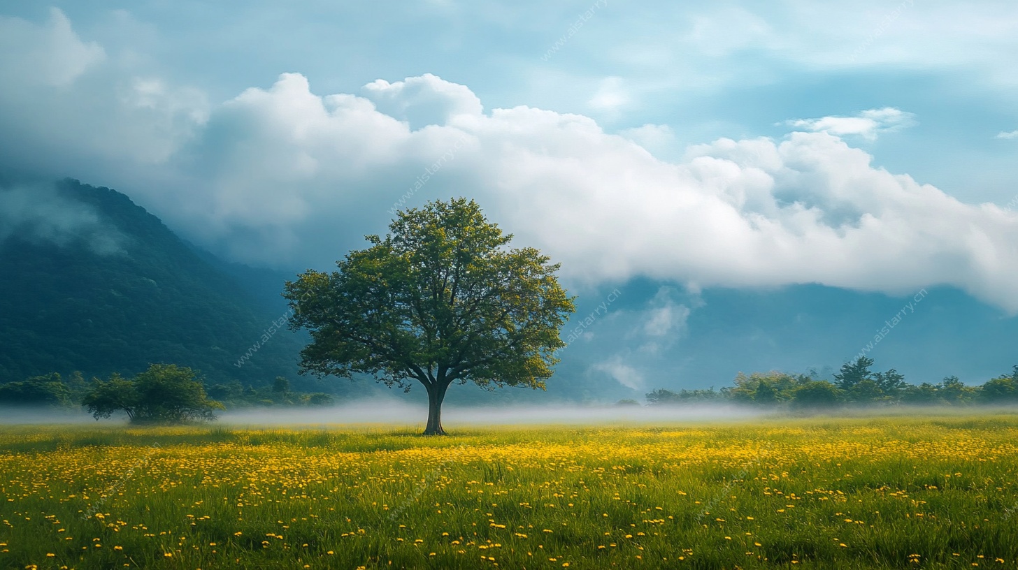 旷野孤树晨景图