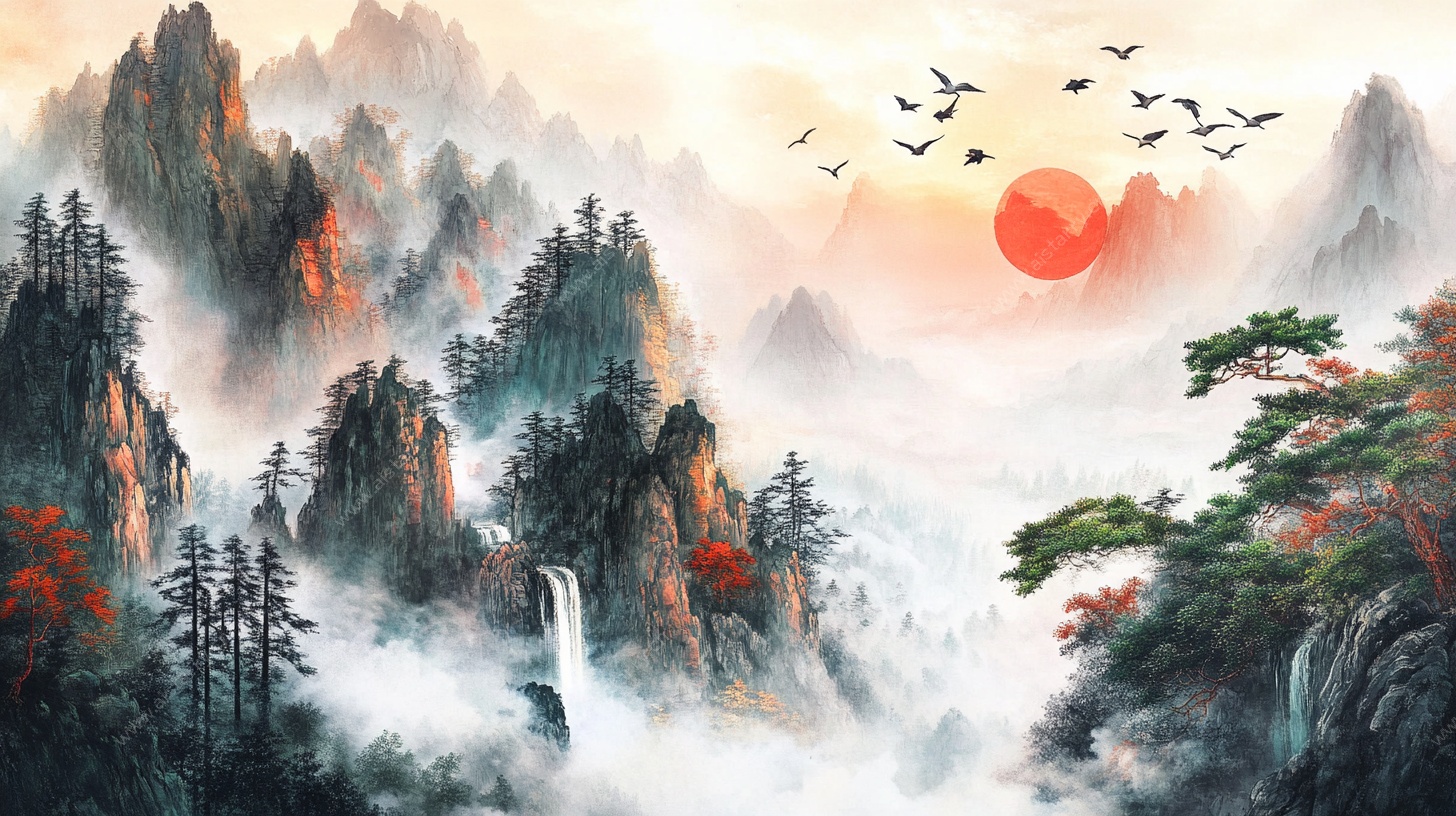 旭日东升山水国画美景