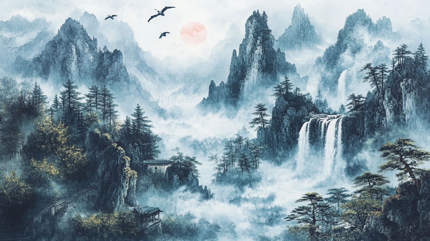 水墨山水间 飞鸟伴朝阳