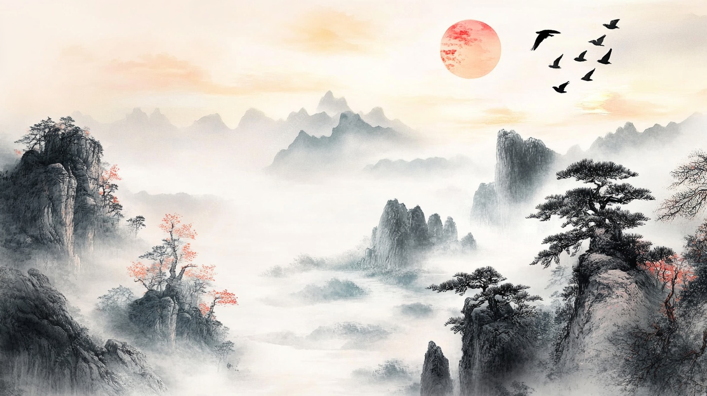水墨山水旭日飞鸟图