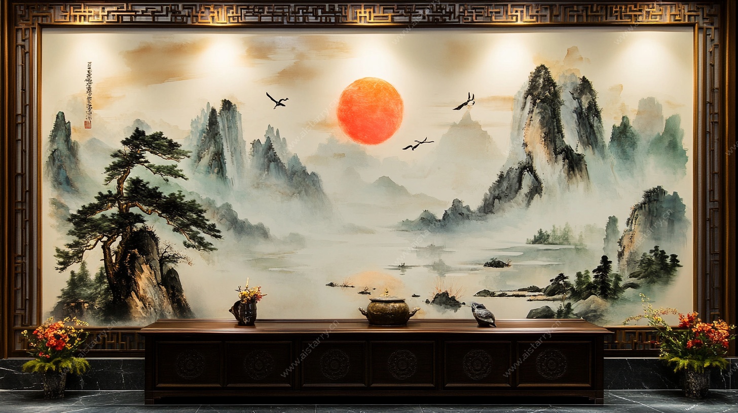 中式山水壁画大气客厅景