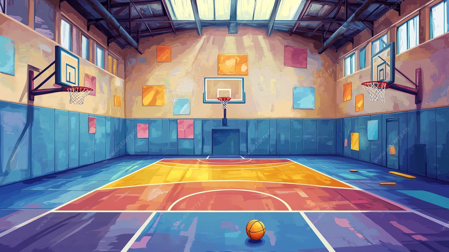 多彩室内篮球场插画