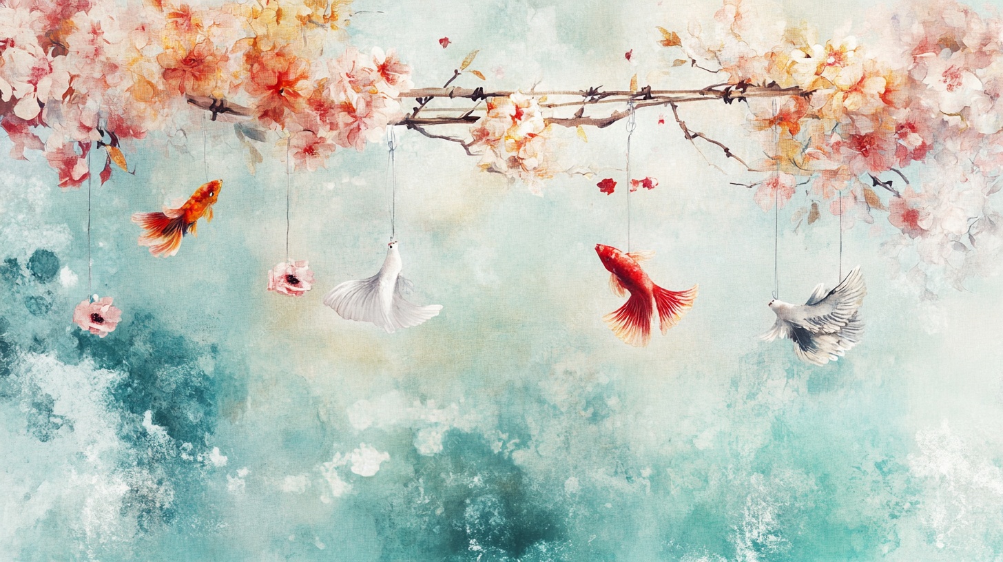 水墨樱花金鱼梦幻插画