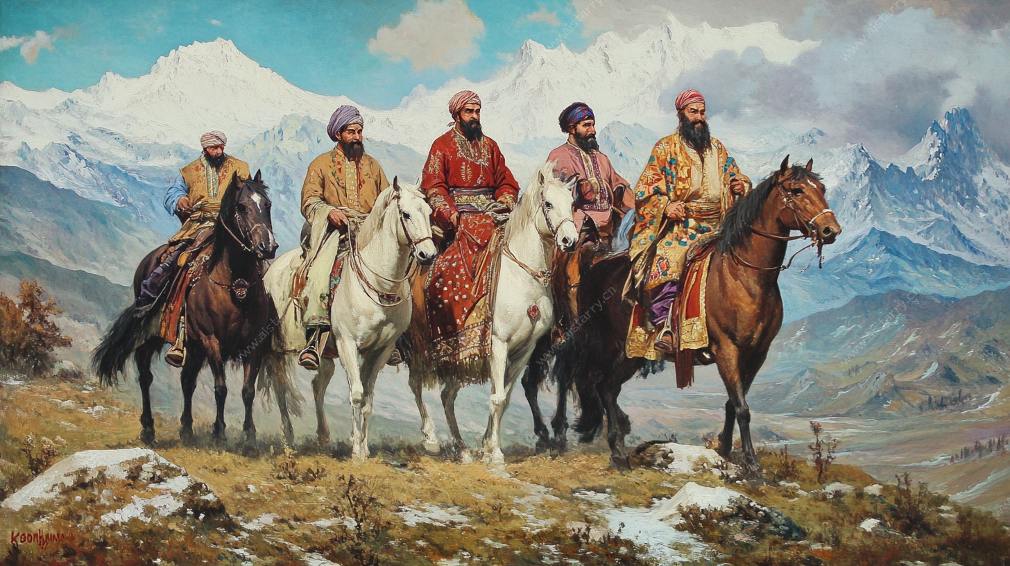 中亚骑手骑马于山川间