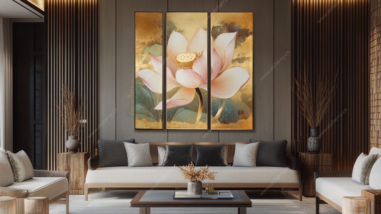 客厅中式荷花三联装饰画