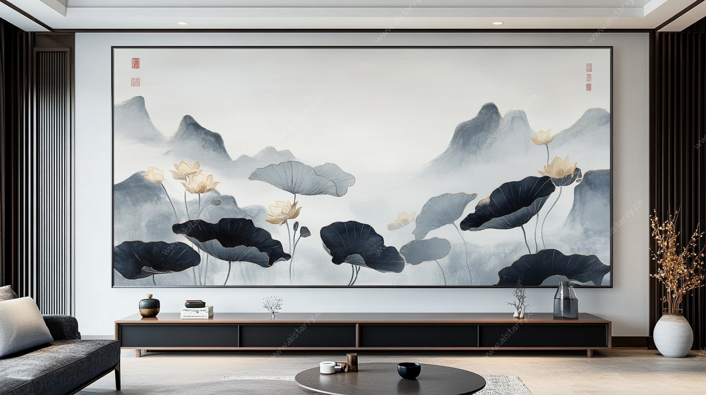 中式水墨山水荷花客厅壁画