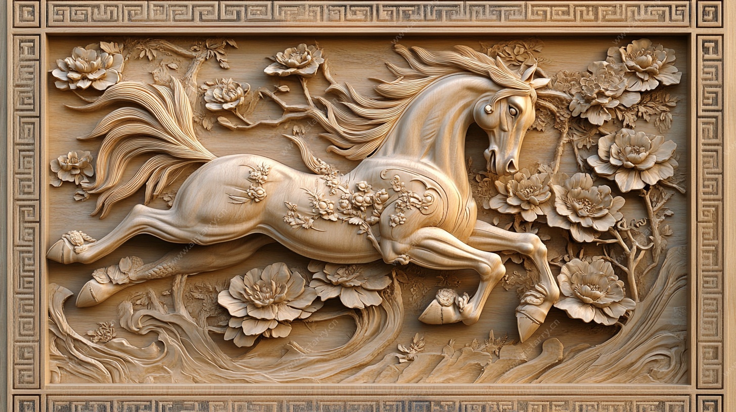 中式骏马木雕浮雕图案