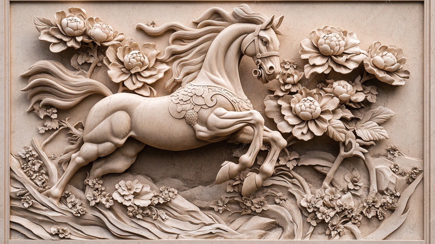 骏马牡丹浮雕艺术作品