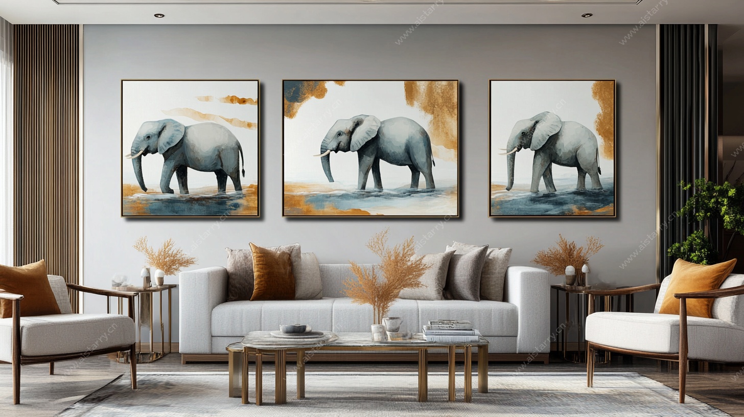 三联大象挂画的客厅场景