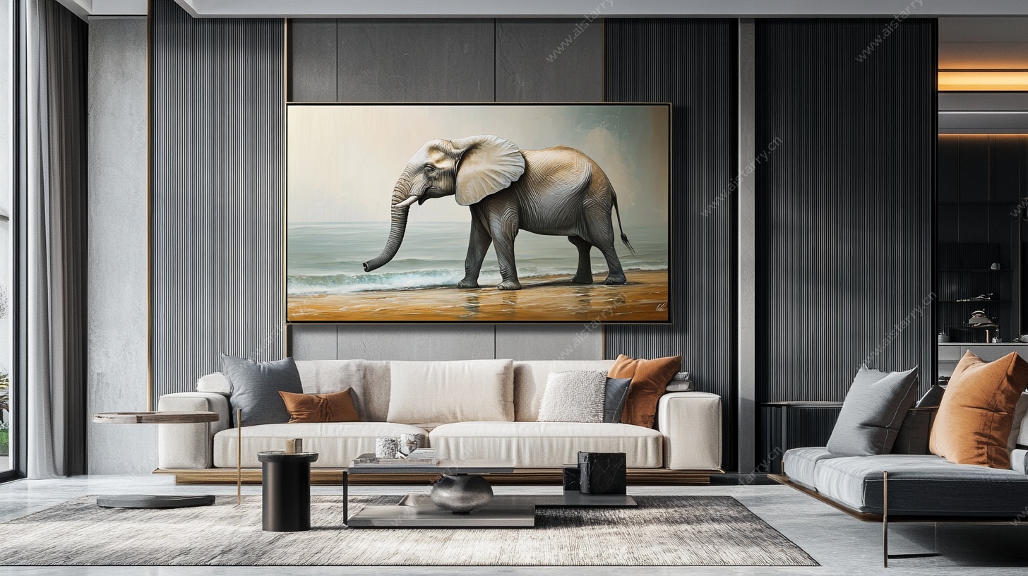 现代客厅中的大象艺术挂画