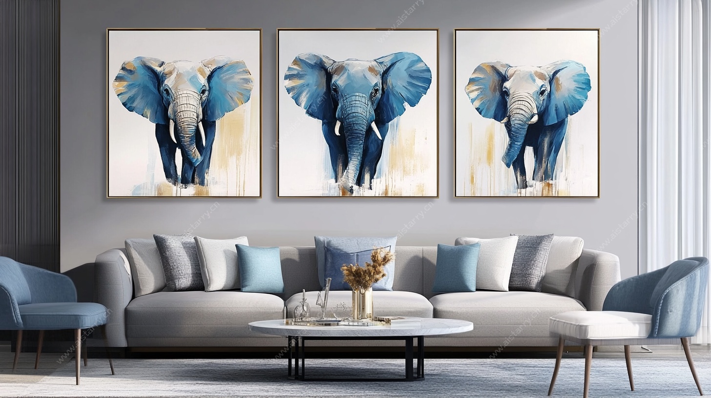 蓝象三联画装饰客厅空间