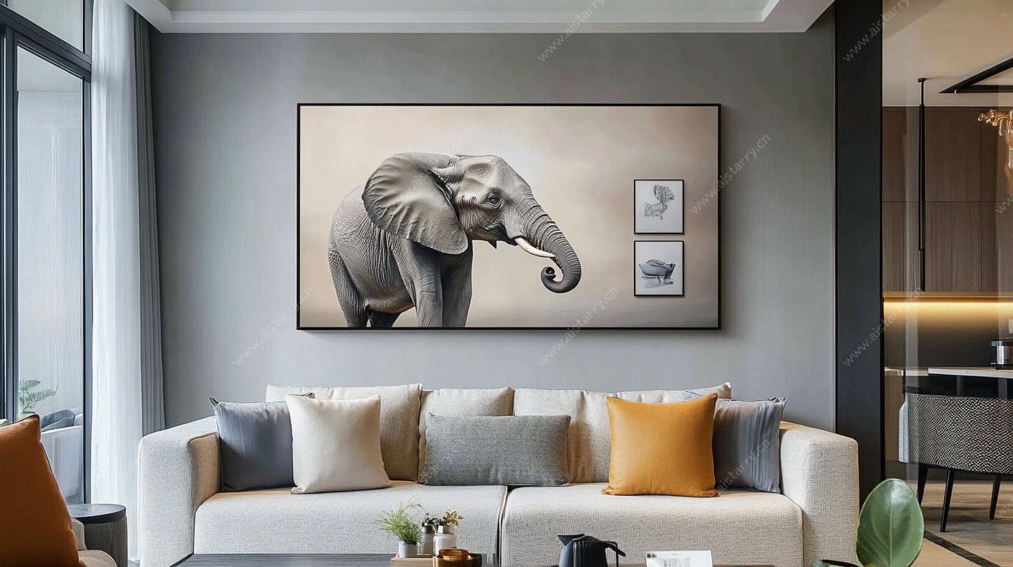 现代客厅中的大象装饰画